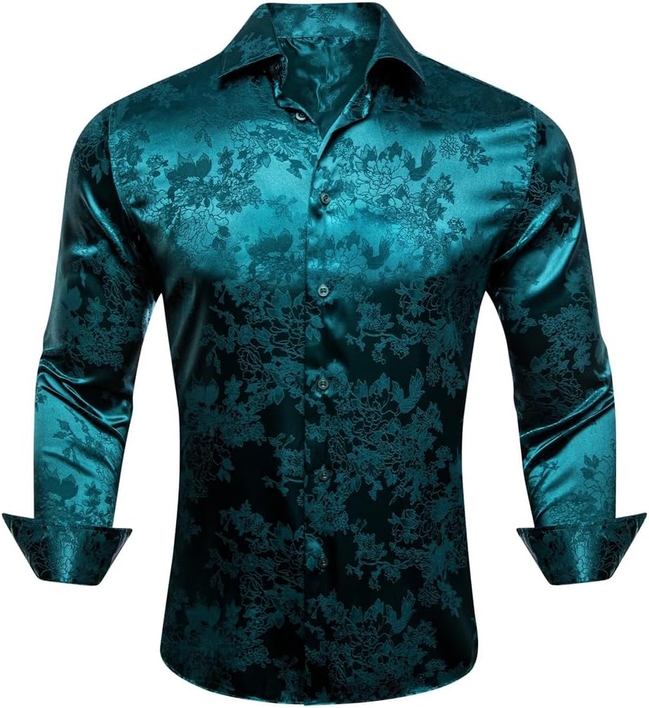 Men Silk Long Sleeve Peacock Flower Slim Fit Male Blouese Casual Tops Formal