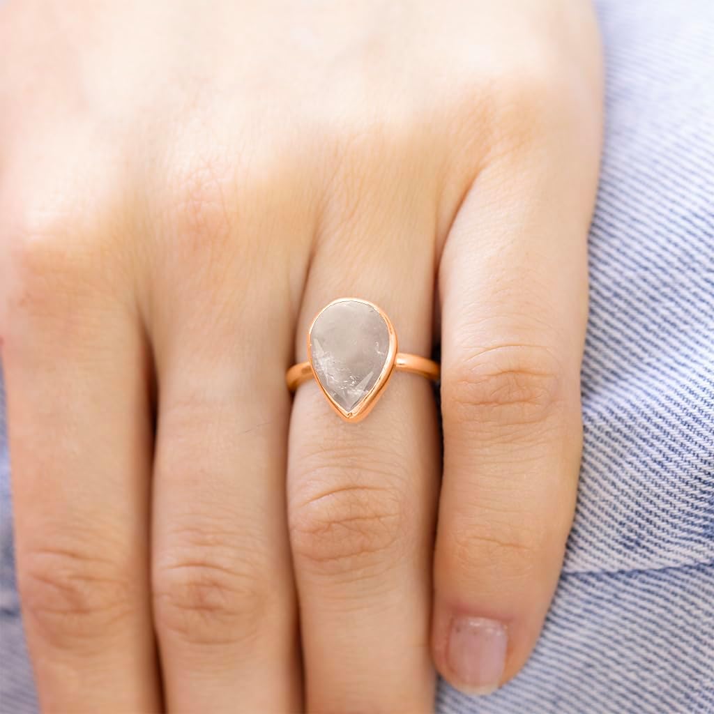 18K Rose Gold Vermeil 925 Sterling Silver Faceted Gemstone Ring for Women | Handmade Bezel Set Teardrop Triangle Raindrop Natural Stone Jewelry | Chakra Inspired Elegant Crystal Ring