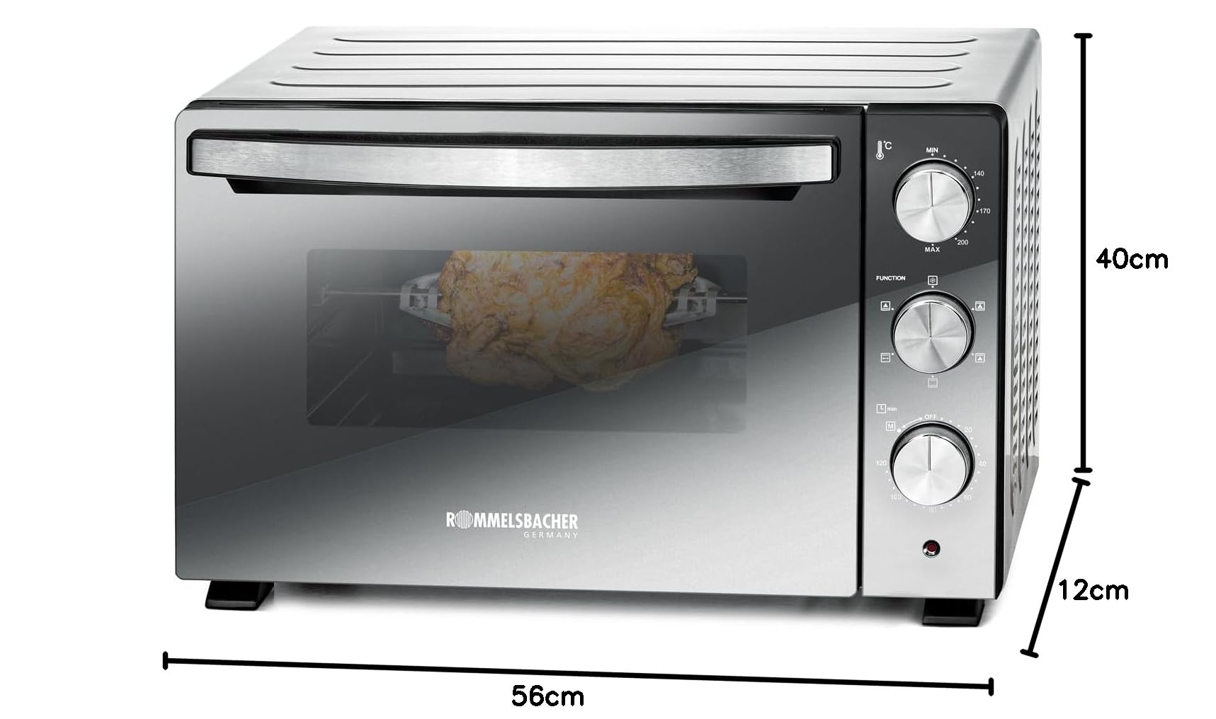 ROMMELSBACHER Back & Grill Ofen BGS 1500 - energiesparend & effizient, Backraum antihaftbeschichtet, 6 Heizarten, Drehspieß, 120 Min. Zeitschaltuhr, Doppelverglasung, silber, 1500 W, Edelstahl