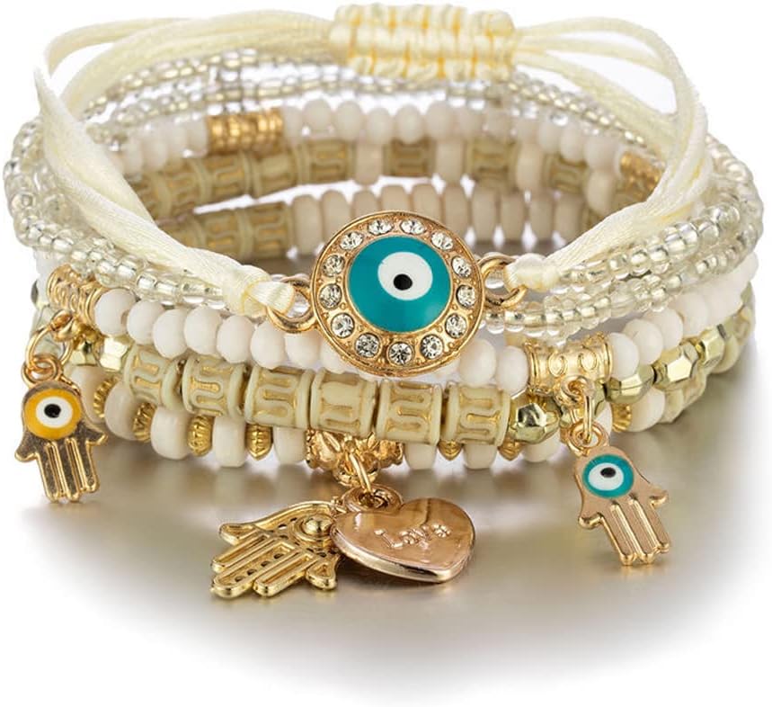 Shining Diva Fashion Latest Stylish Evil Eye Multilayer Bangle Beads Bracelet for Women and Girls (14689b)(White)