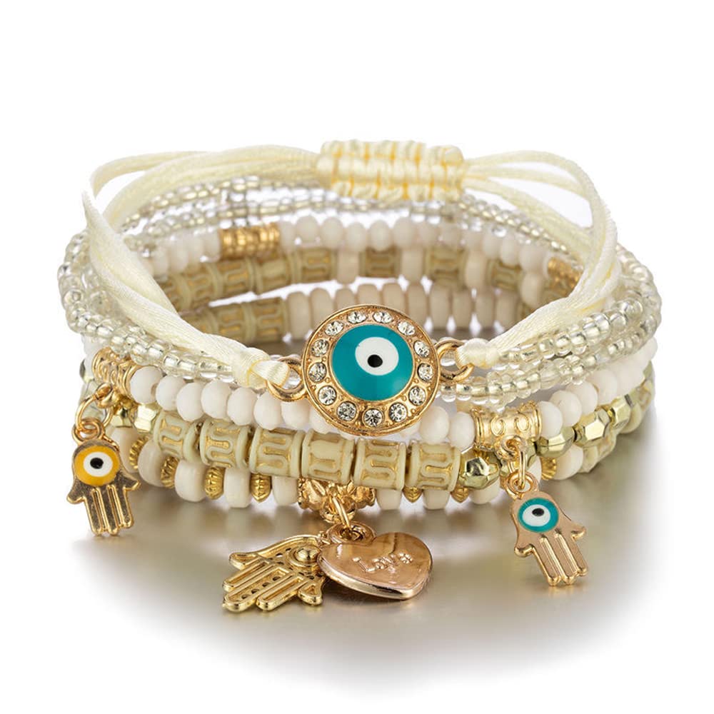 Bohemian Stackable Multilayer Hamsa Hand Evil Eye Lucky Protection Bracelets Multicolor Crystal Charm Beaded Bracelet for Women Girls-image-9