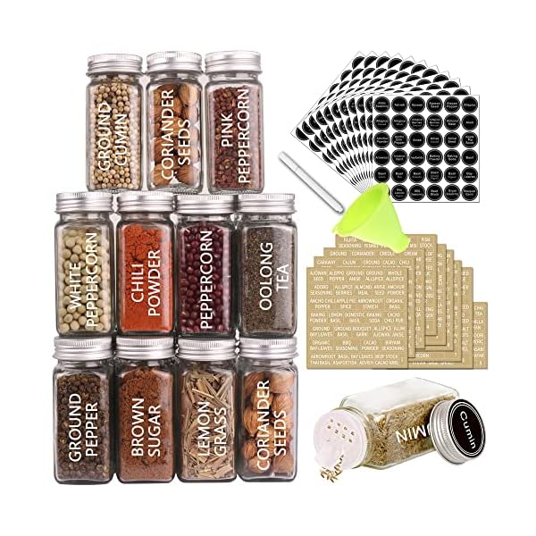 SWOMMOLY 36 Glass Spice Jars with 703 Spice Labels, Empty Square Spice Bottles 4 oz with Pour/Sift Shaker Lid, Airtight Cap, Chalk Marker and Funnel Complete Set