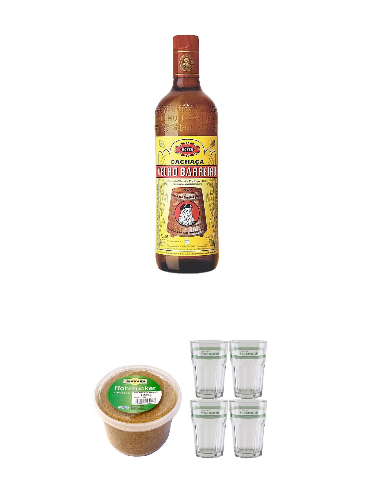 Velho Barreiro Silver Cachaca Originalabfüllung 0,7 Liter + Sarkara brauner Rohrzucker für Cocktails 1,0 Kg + Velho Barreiro Caipirinha Glas 4 Stück