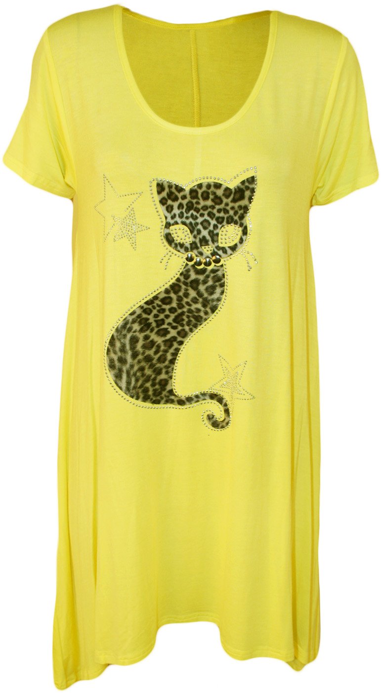 WearAll Womens Plus Size Cat Stud Short Sleeve Ladies Hanky Hem T-Shirt Tunic Top - Yellow - 26-28