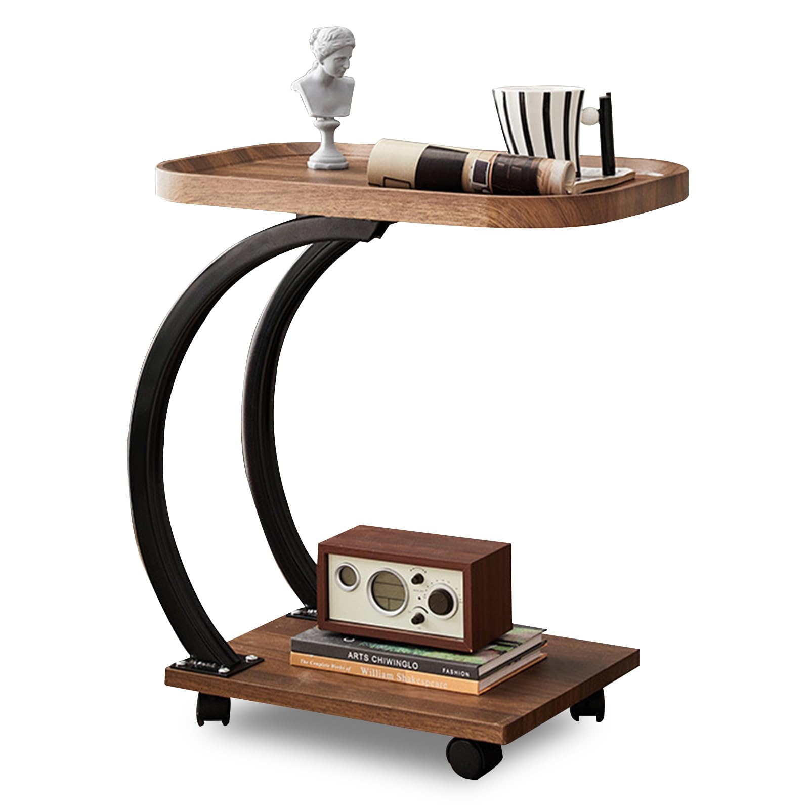 DAYONG C-shaped End Table, 2-Tier Side Table with Storage Shelf, Sofa Corner Table, Nightstand, Coffee Table For Living Room,Bedroom, Balcony, Small Spaces (A-Walnut)