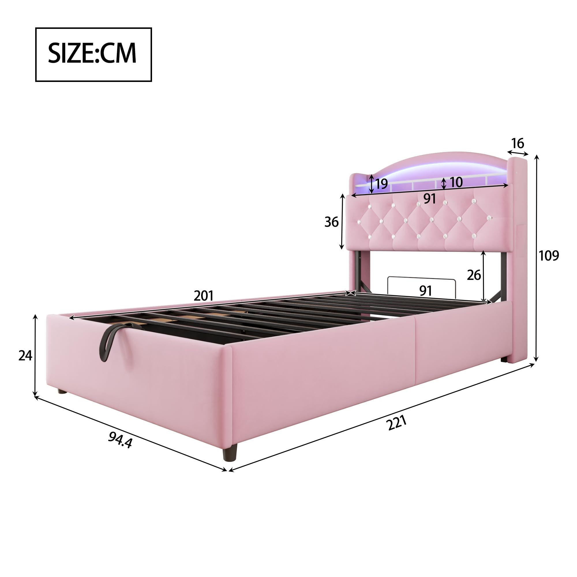 Letto imbottito per bambini,90x200cm,3 USB+C,illuminazione a LED,contenitore idraulico,contenitore e tasche laterali,letto multifunzionale,letto singolo,velluto,senza materasso,Rosa