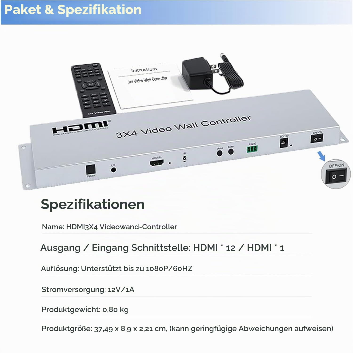 3x4 Video Wall Controller, 1 HDMI Input, 12 Output, 26 Display Modes, Remote & RS232 Control, Audio Out, Memory Function, Compatible with LCD TVs, Monitors, DLP Screens, Splicing Screens