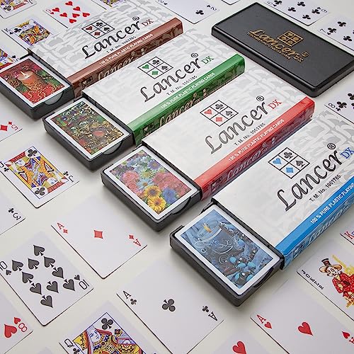 Image of LANCER DX Plastic Playing Cards (Set of 12), Bridge Size, Multicolor Cards Packed in Three Piece PVC Containers, Cards for All Ages Used for Card Games, Poker and Rummy