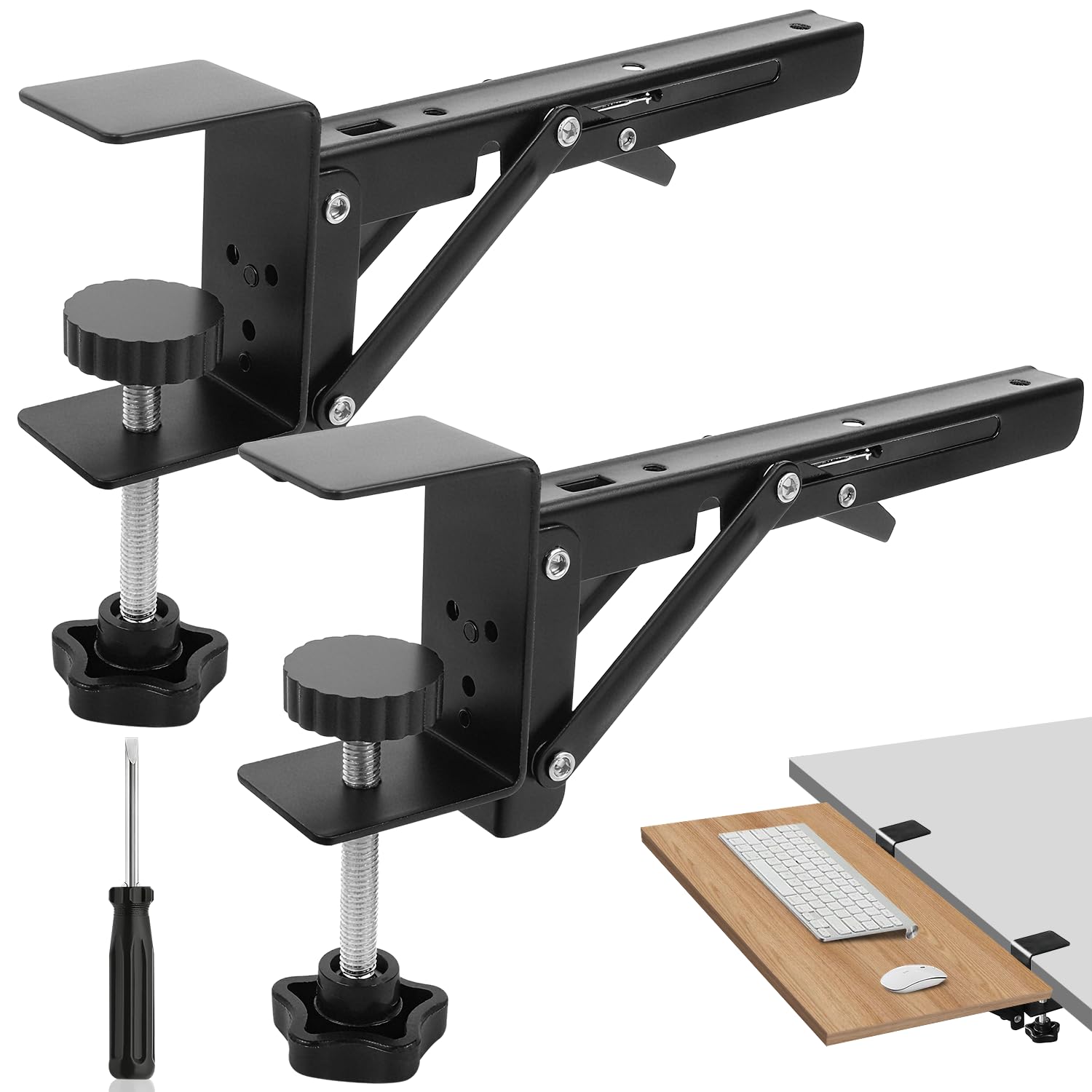 Mongtsamz Support Clavier Réglables Extension Bureau, 2 Pièces Support De Plateau D'Extension Étagère Plateau De Clavier Pliables Pour Bureaux D'une Épaisseur De 1 à 5 CM Bureaux D'Ordinateur, Noir