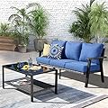 HOOOWOOO Outdoor Patio Conversation Set of 2 Pieces with Modern Outdoor Couch 3-Seat Sofa Coffee Table Wicker Outdoor Furniture Bistro Set for All Weather,Blue Cushion