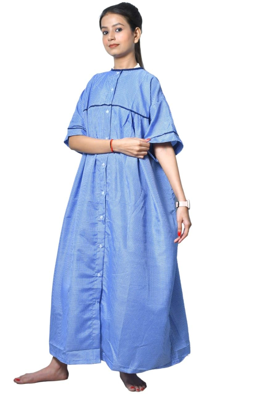 Women’s Cotton Maternity & Nursing Gown | Front Open Feeding Dress | Soft Breathable Nightwear | Blue Check Pattern” (1, Blue, Regular)-image-14