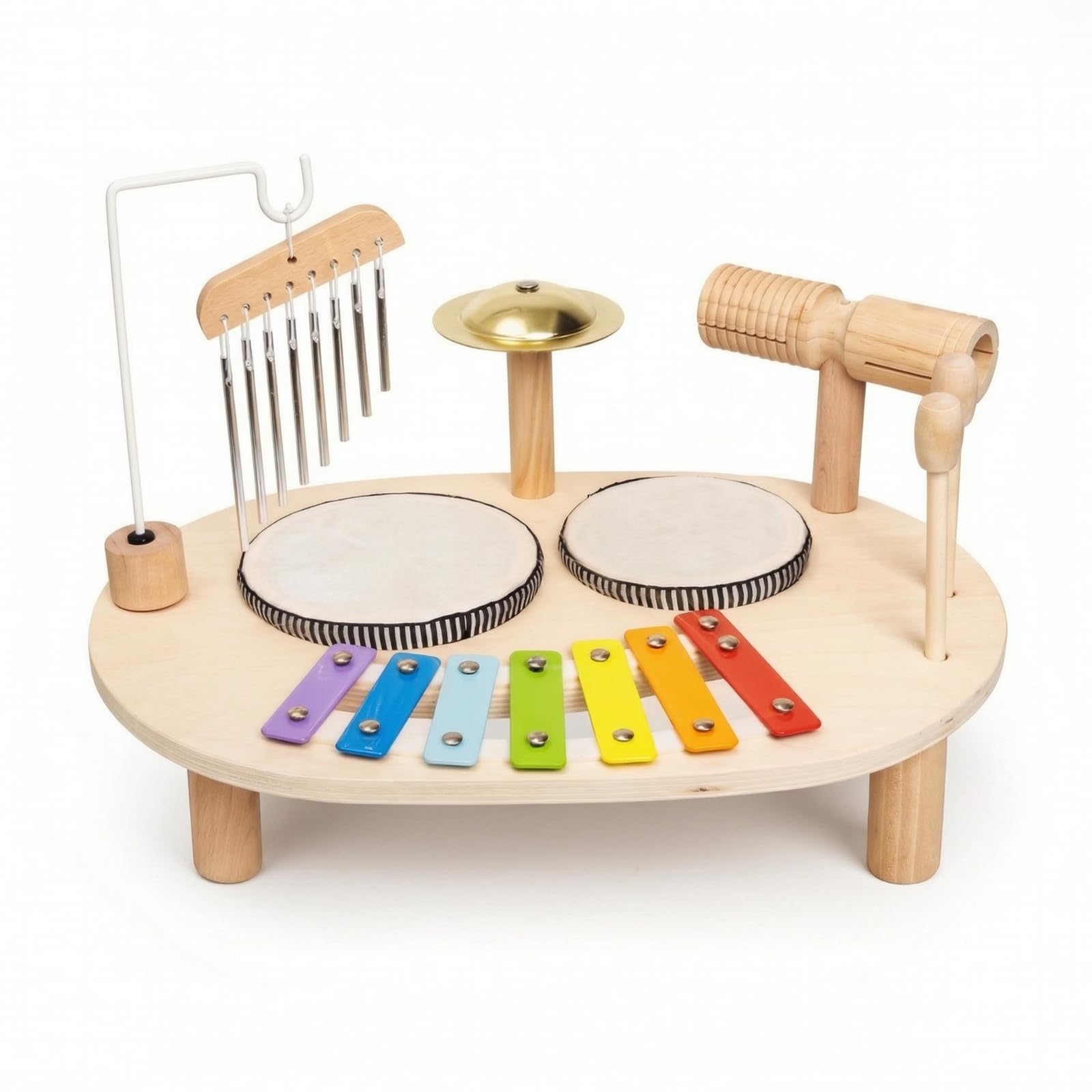 Colcolo Juguete de Percusión para Niños con Completa Base de Mesa con Llaves Metálicas Coloridas Tambores Platillo y Bloque Incluye Mazos Madera y Metal