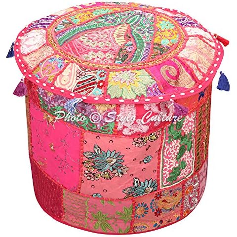 Stylo Culture Pink Embroidered Pouffe Cover Cover