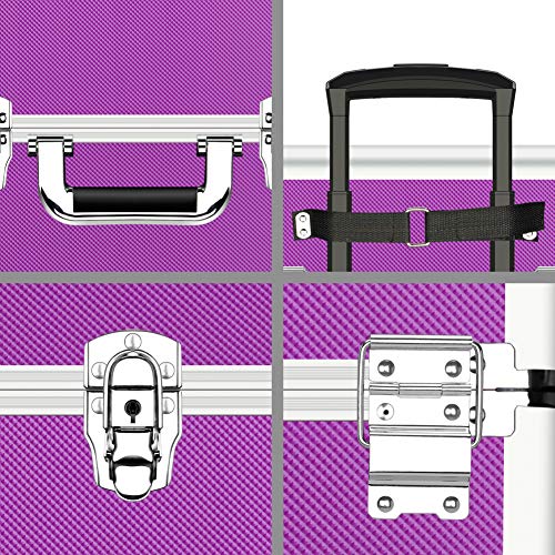 OUDMAY Makeup Case 4 in 1 Professional Cosmetics Rolling Train Organizer with Aluminum Frame and Folding Trays Purple - Thumbnail 5