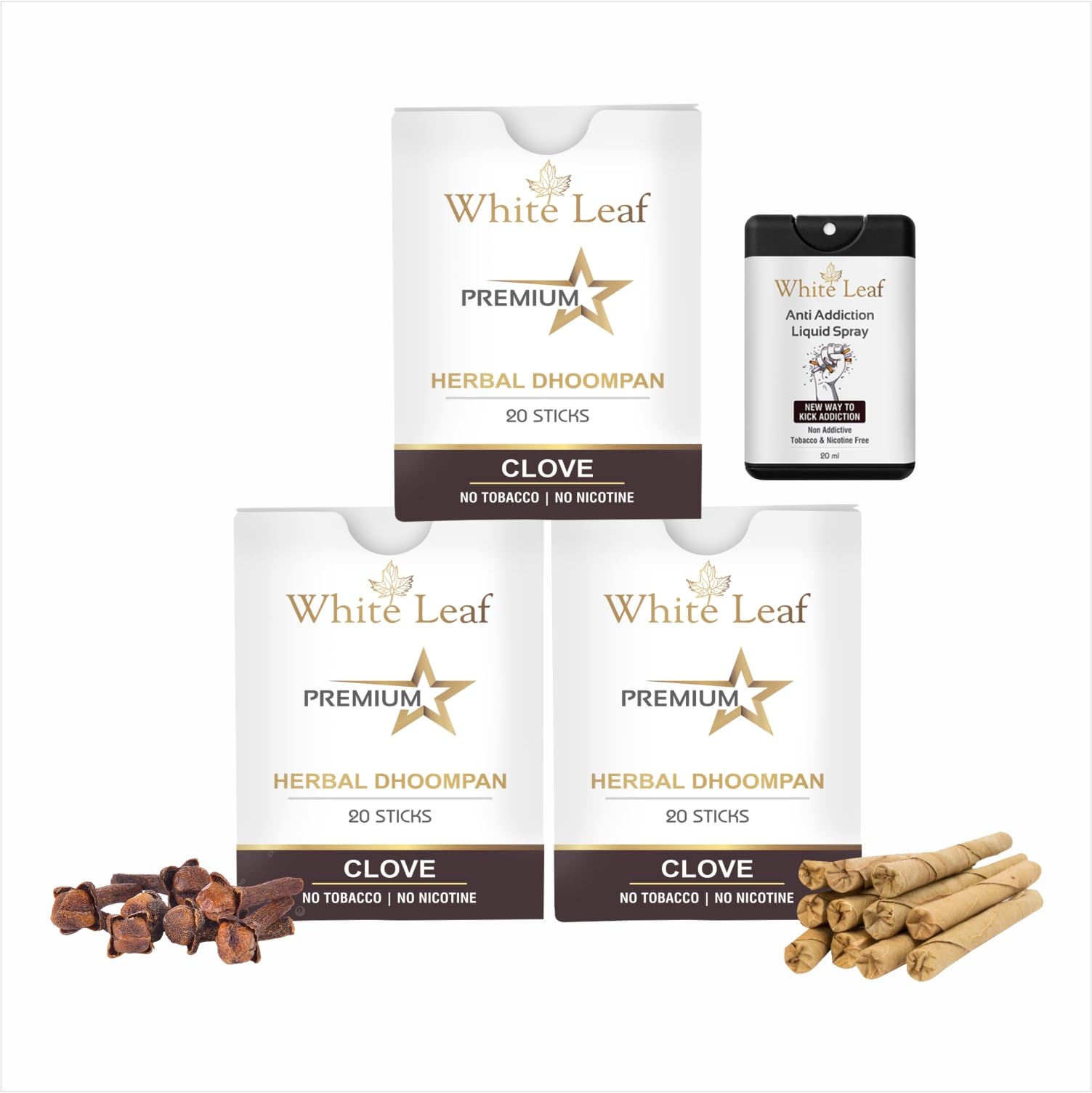 White Leaf Ayurvedic Dhumapana Herbal 100% Tobacco Free and Nicotine Free Bidi Packet (60 Sticks, 1 Shot) With 20 ml Shot Anti Addiction Spray | Made in India With Natural Ayurveda Herbs/Ingredients