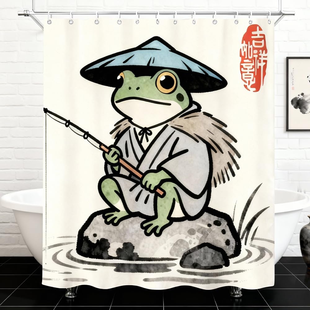 AURISSE Whimsical Frog Fishing Pattern Shower Curtain, 180 x 180 cm Waterproof & Quick-Dry Polyester Fabric with 12 Hooks, Machine Washable Bathroom Décor