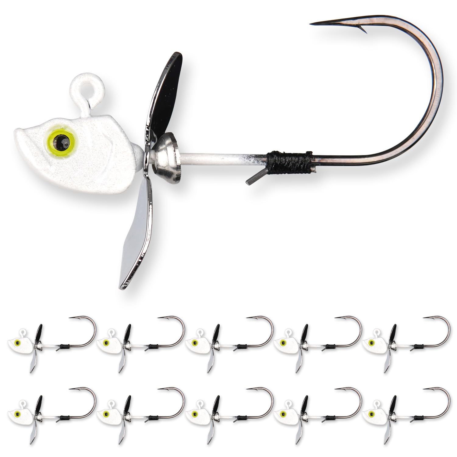 10-Pack Asymmetrical Spin Fishing Jig Head, 100% Brass Blade with Hand-Tied Bait Keeper for Bass 1/8 /3/16 1/4 3/8 &amp; 1/2oz