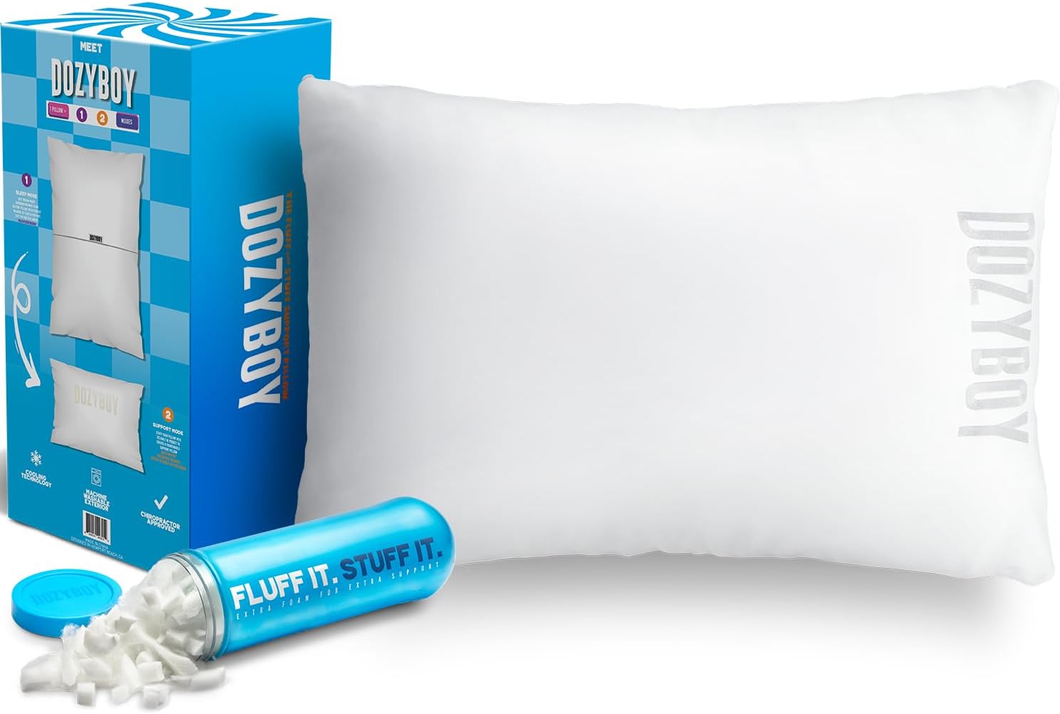 Fluff and Stuff Comfort Pillow | Queen Size Memory Foam Pillows, Chiropractor Designed and Approved 2-in-1 Back Support and Bed Pillows | Fully Adjustable Pillow (White, Queen (Pack of 1)) White Queen (Pack of 1)