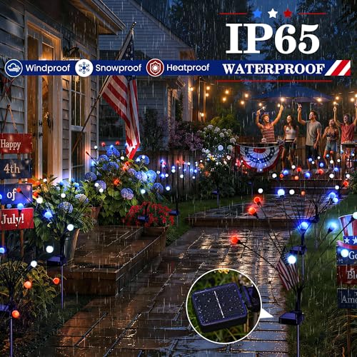 Image of 4th of July Outdoor Decorations, Red White Blue Lights Solar Firefly Lights, Patriotic Outdoor Decor for Independence Day, Fourth of July Decor for Garden Yard (4 Pack,Red, White, Blue)