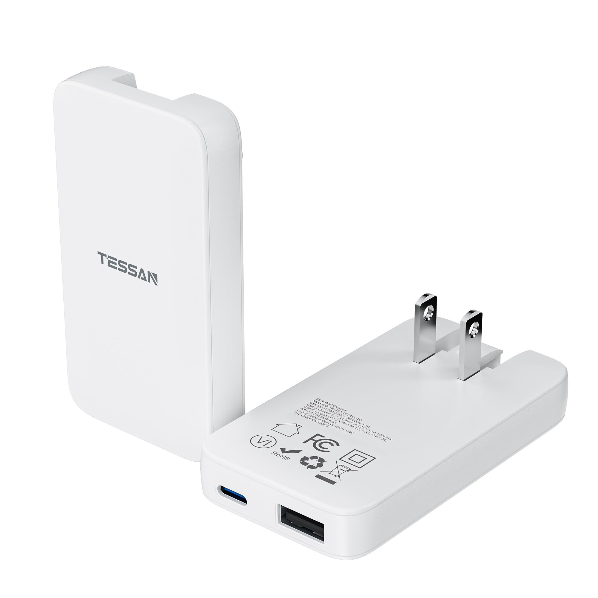 USB C Flat Wall Charger Block, TESSAN Ultra Slim Multi-Port Power Adapter for iPhone 16/15/14/13 Series and Samsung Galaxy Models, PD 65W Fast