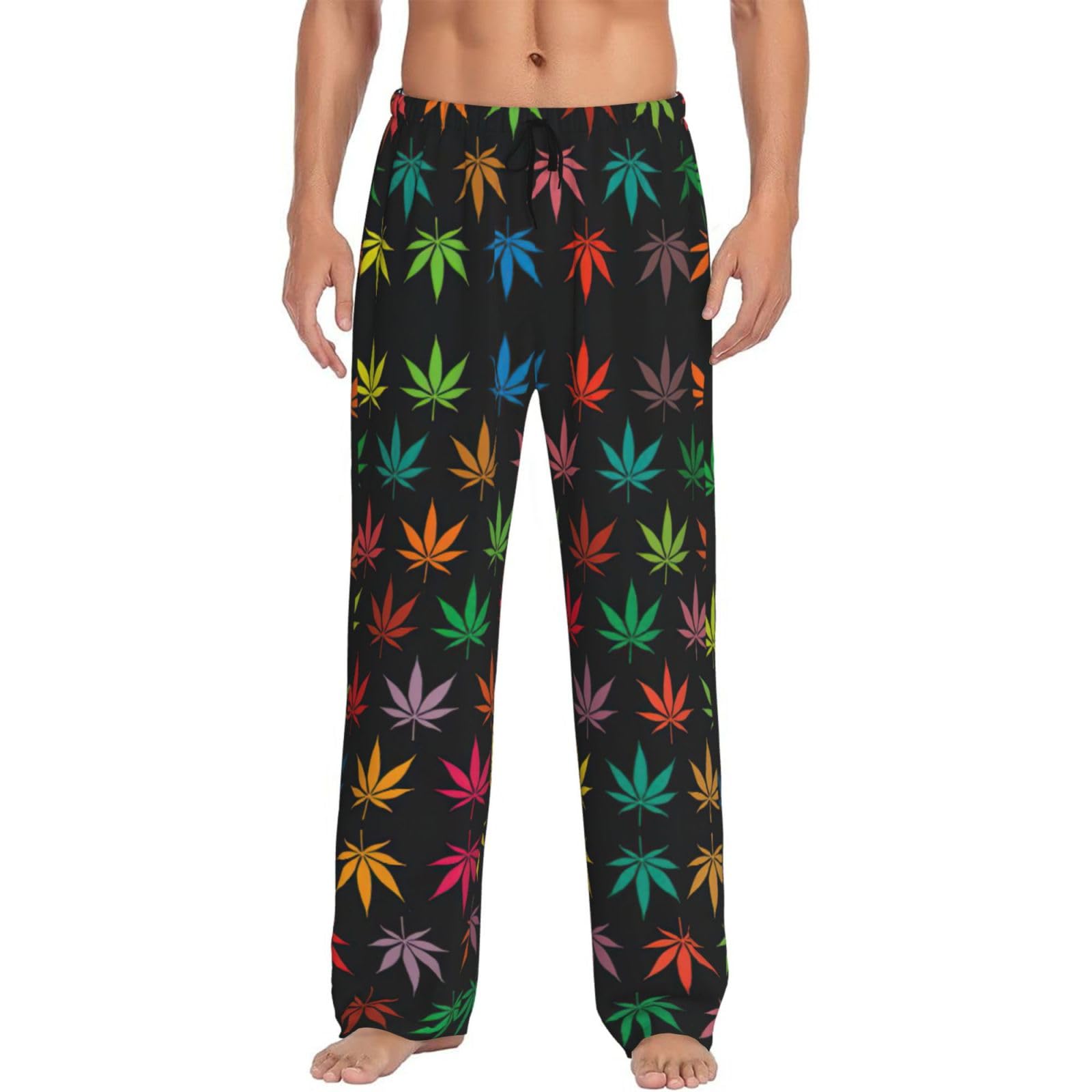 SDFHU Colorful Cannabis Leaves Print Men Relaxation Pajama Pants Soft Lightweight Lounge Bottoms With Drawstring Pants, Black, L