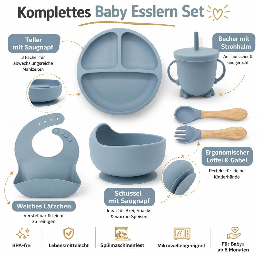 Eliano Set di stoviglie per bambini in silicone da 6 pezzi – piatto antiscivolo, ciotola, bicchiere con cannuccia, forchetta, cucchiaio, bavaglino – lavabile in lavastoviglie, senza BPA, adatto al