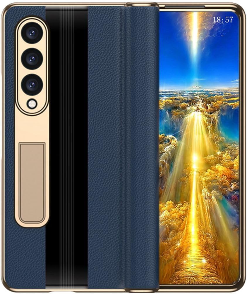 Leather Case for Samsung Galaxy Z Fold 3, Hinged Cover for Samsung Z Fold3 Phone, Bracket, Mobile Phone Shell, Support Frame, Leather Holster -Blue