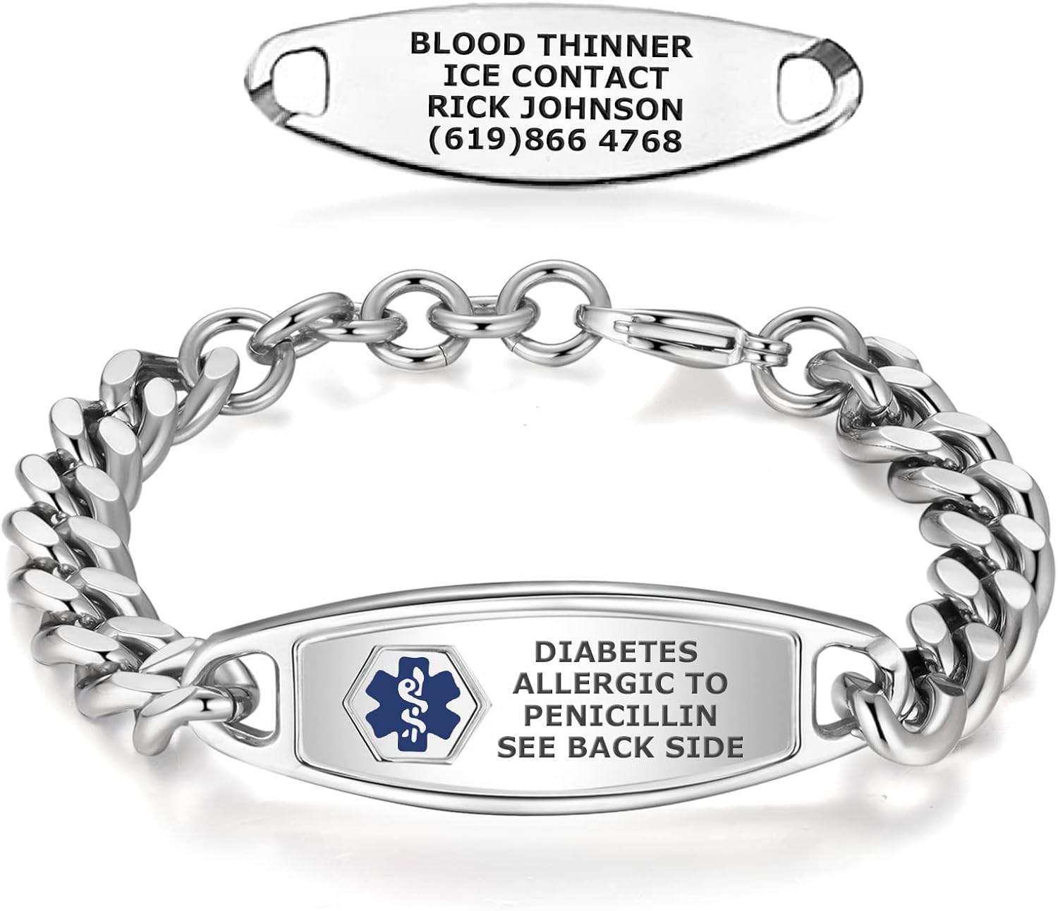 Divoti Pulseras de alerta médica grabadas personalizadas para hombres pulsera de alerta médica de acero inoxidable con grabado gratuito ajustable