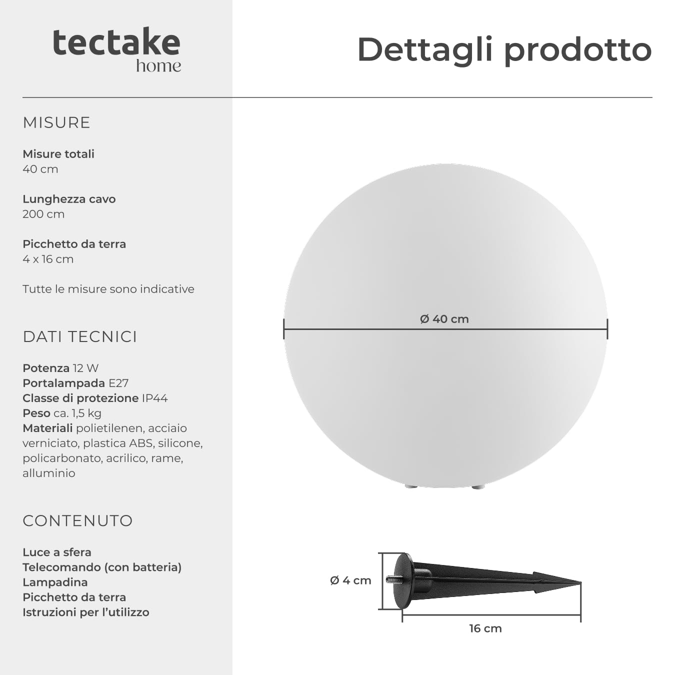 tectake® Lampada da terra Sfera LED, luce RGB