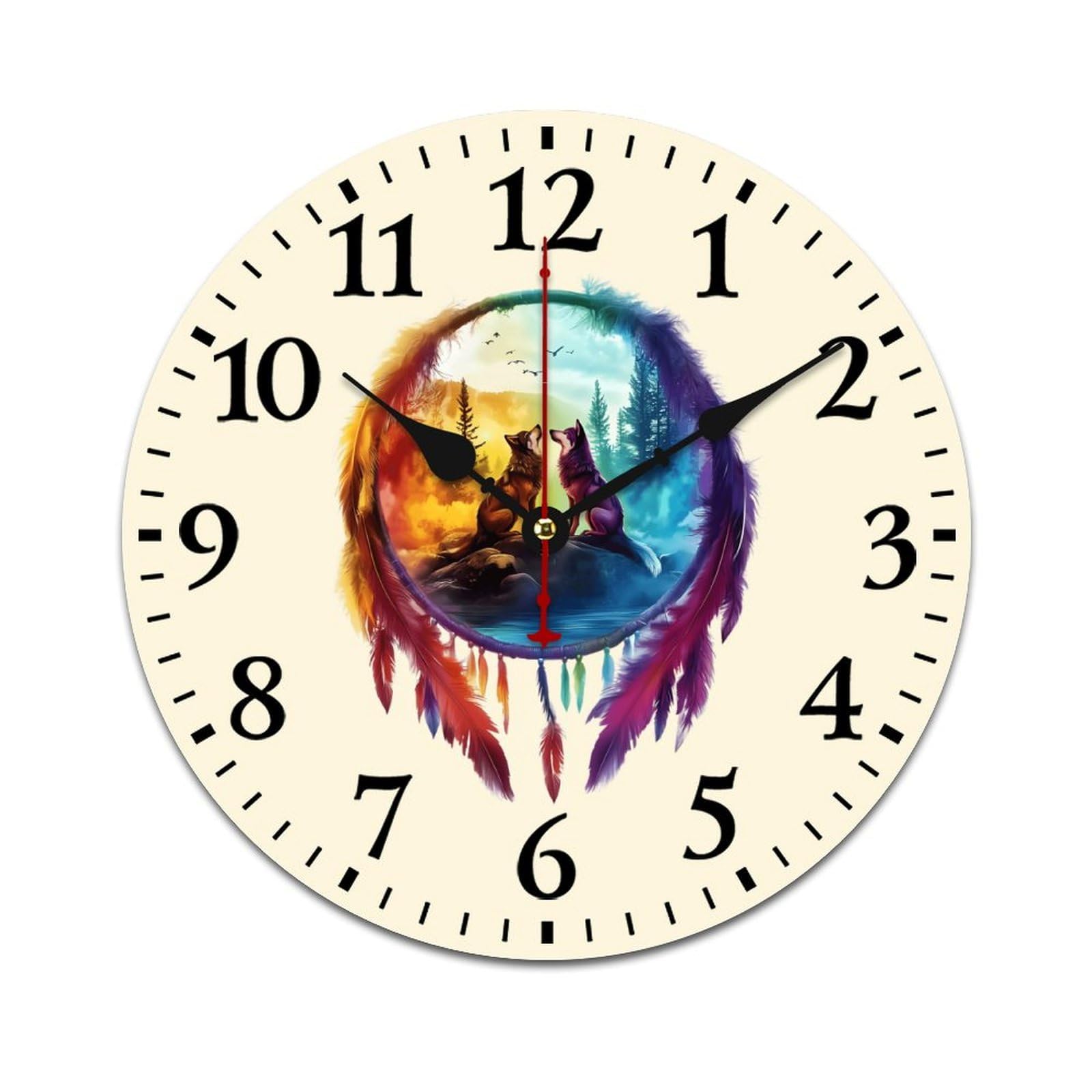 Wolf bunte Traumfänger-Wanduhr aus Holz, nicht tickend, batteriebetrieben, für Büro, Wohnzimmer, Schlafzimmer, Küche