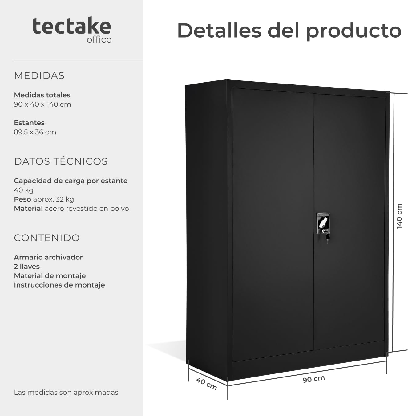tectake® Armario Archivador, Cierre De Seguridad, 4 Alturas, Cajones Ajustables, Mueble Oficina, Acero, Puertas Reforzadas, Limpieza Sencilla, Candado De Seguridad - 140x40x90cm Negro