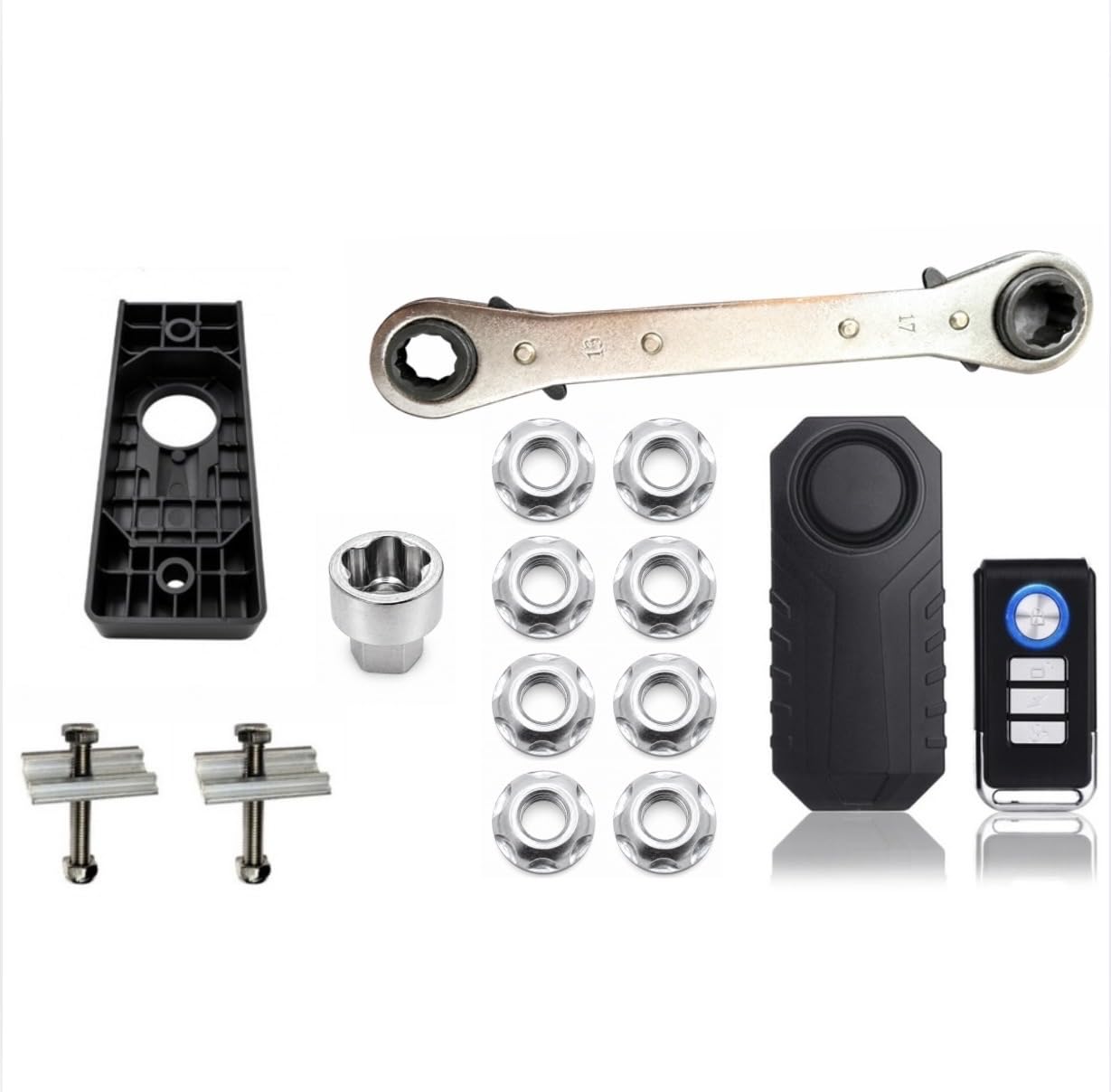 8 x Tent Box/Roof Tent Anti-Theft Nuts Tamperproof Locking Nuts Set (8 x Economy Security Nuts + 113Db MotionSense Alarm + Mounting Alarm Holder + Spanner)