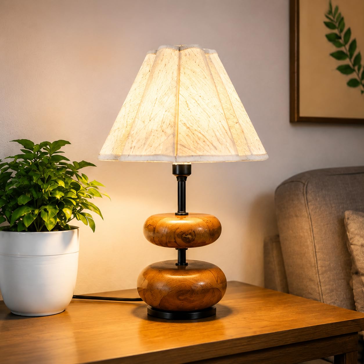 Brand Wooden Handmade Table Lamp with Fabric Shade, Rustic Bedside Nightstand Lamp for Bedroom, Living Room & Office, Natural Wood Decorative Desk Lamp, E27 Base, 40 cm Height, Beige Shade-image-25