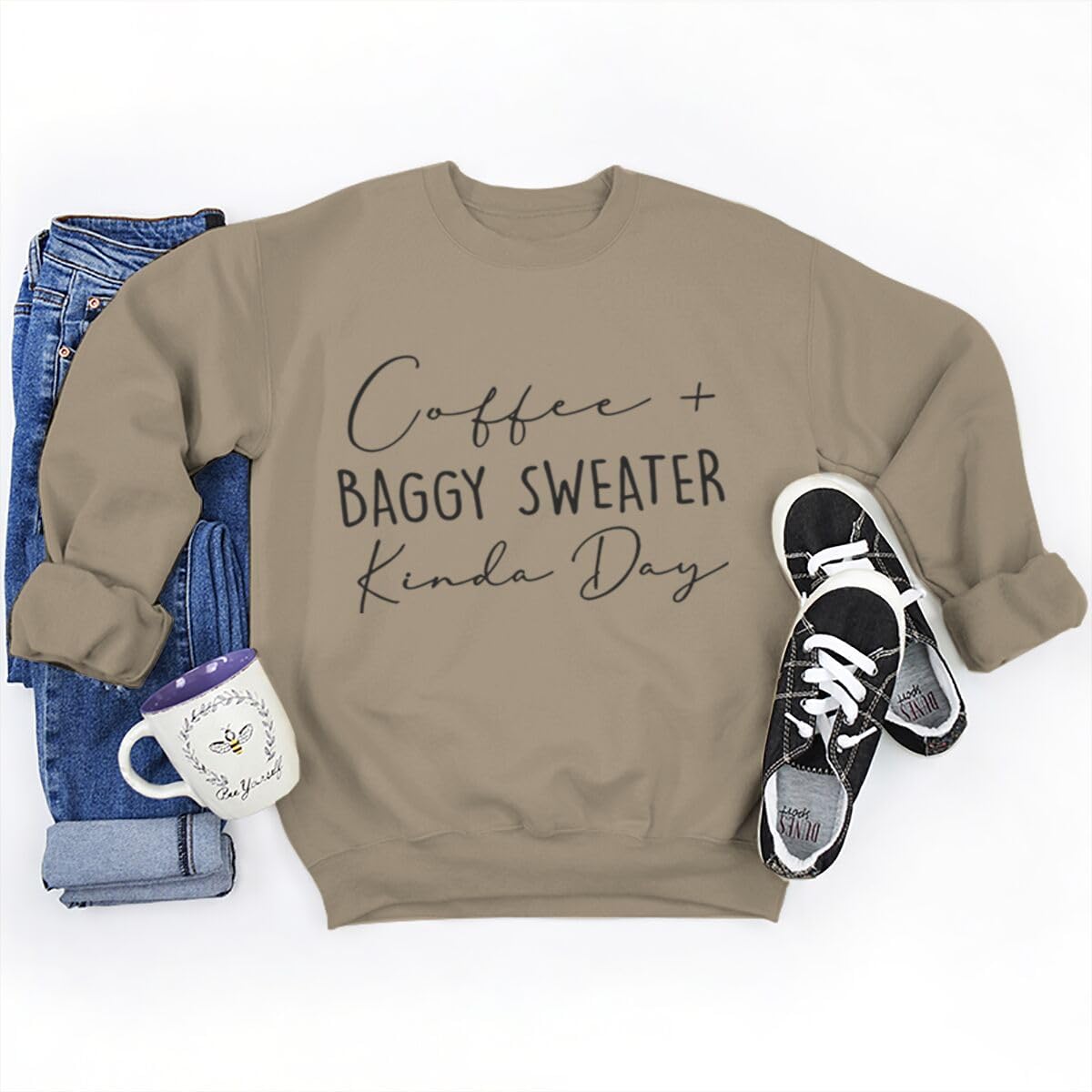 Coffee Baggy Sweater Kinda Day Letter Print Sweatshirts Women Round Neck Long Sleeve Pullovers Plus Size Sweatshirt - Image 6