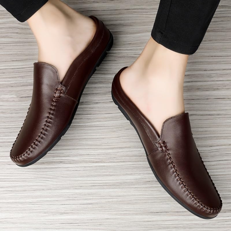 Mens Loafers Round Toe Solid Color Faux Leather Half Loafers Shoes Resistant Flat Heel Anti-Slip Walking Slip On2