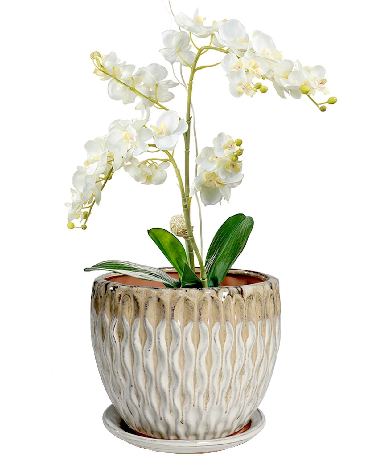 vensovo 7.5 Inch Ceramic Plant Pot with Drainage Holes and Saucer - Large Round Orchid Pot for Indoor Repotting, Ceramic Planter Maintain Air