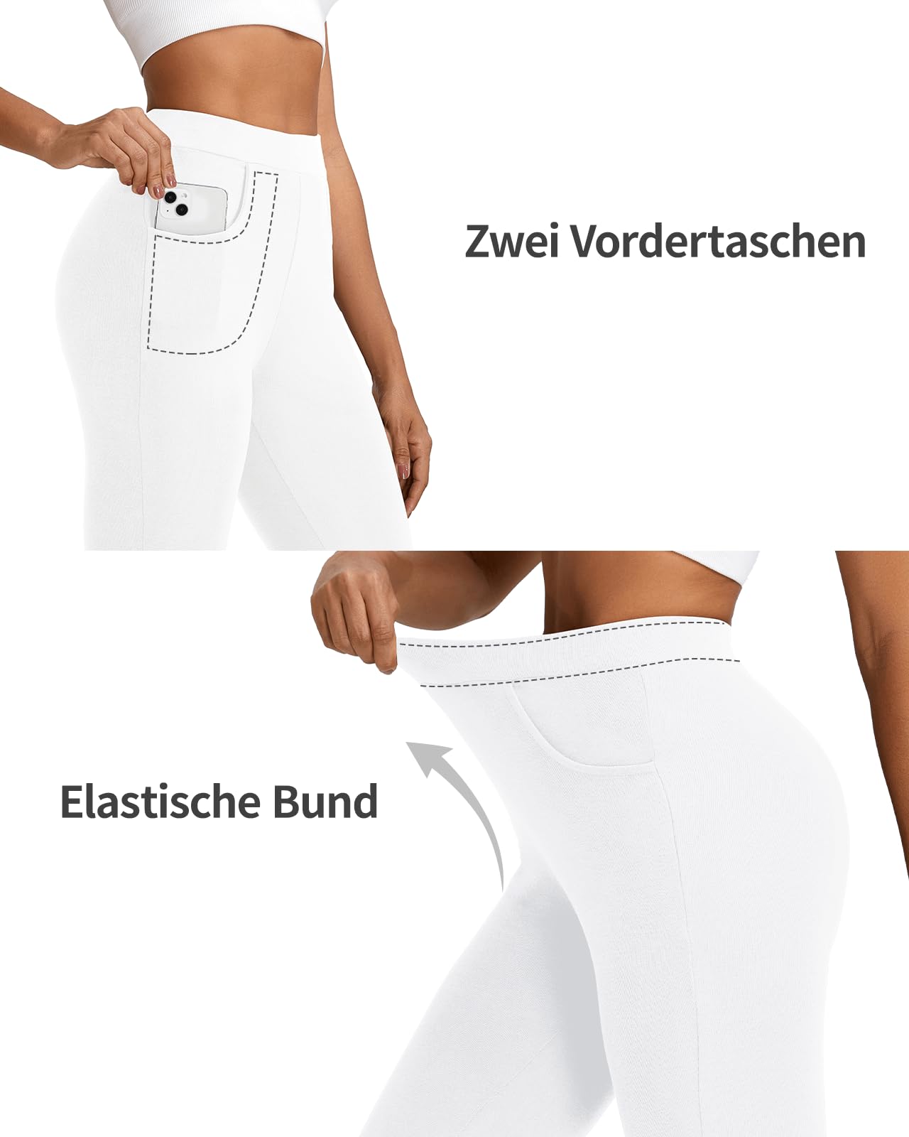 Damen Leggings aus Baumwolle mit Taschen, Blickdichte Lang Leggins für Damen Stretch Bequeme