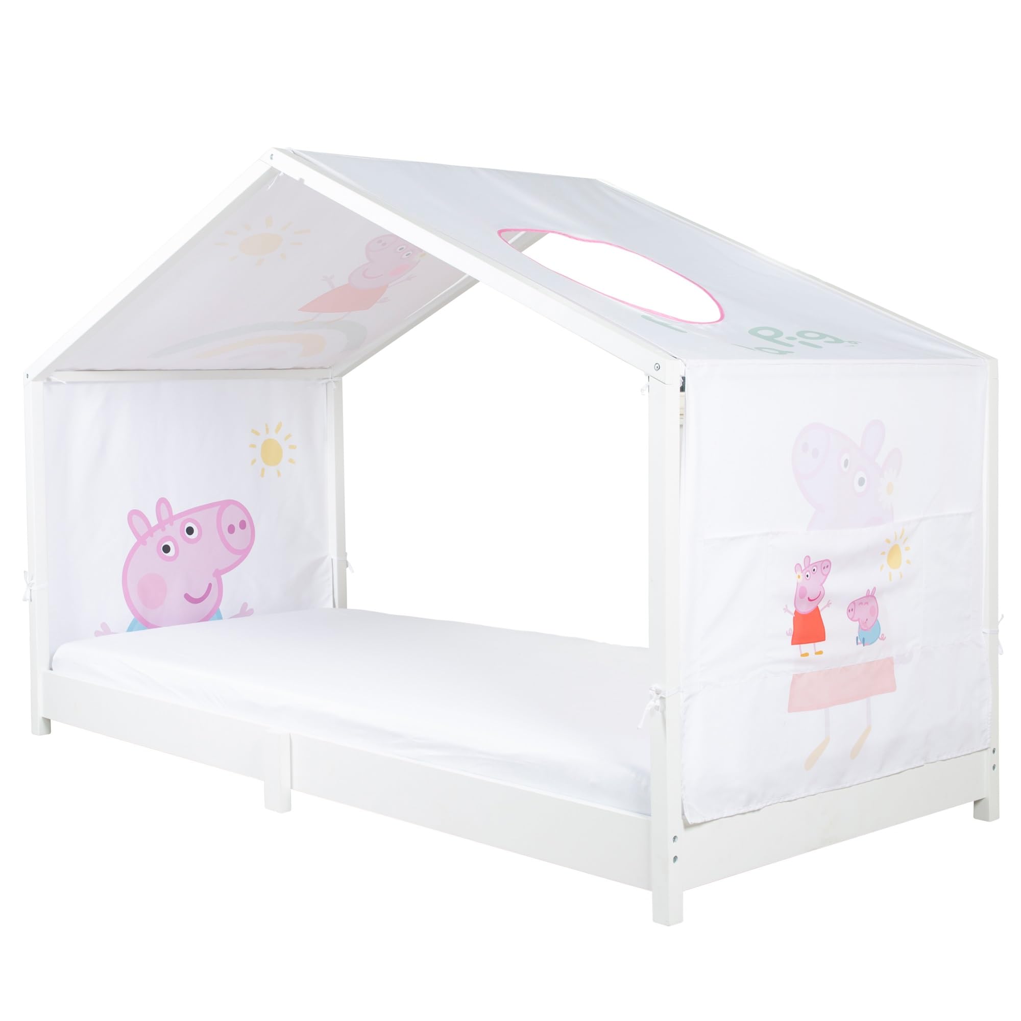 Funda roba para camas Montessori tipo casita 90 x 200 cm con diseño Peppa Pig - Accesorio para convertirla en cama con dosel - Incluye 3 bolsillos y ventana en el techo