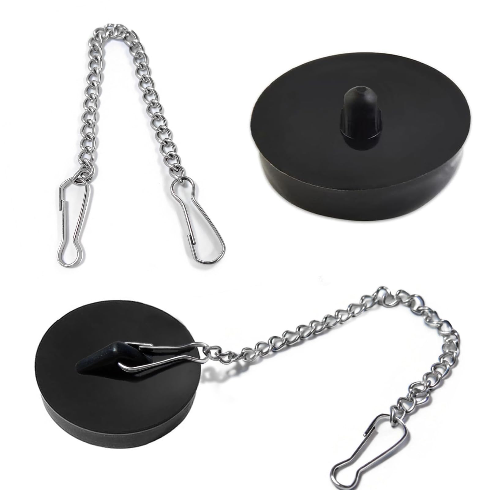 Dreamil Korki do odpływu, 2 sztuki, gumowe zatyczki do zlewu z łańcuchem stoperowym ze stali nierdzewnej, do wanny, kuchni, łazienki, kolor czarny (42-50mm)