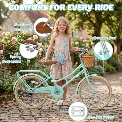 Image of XJD 20 24 26 Inch Girls Bike, 7-Speed Beach Cruiser Bike for Girls Youth and Over 6 Years Old, Kids Bicycles with Dual V-Brakes Rear Rack & Wicker Basket