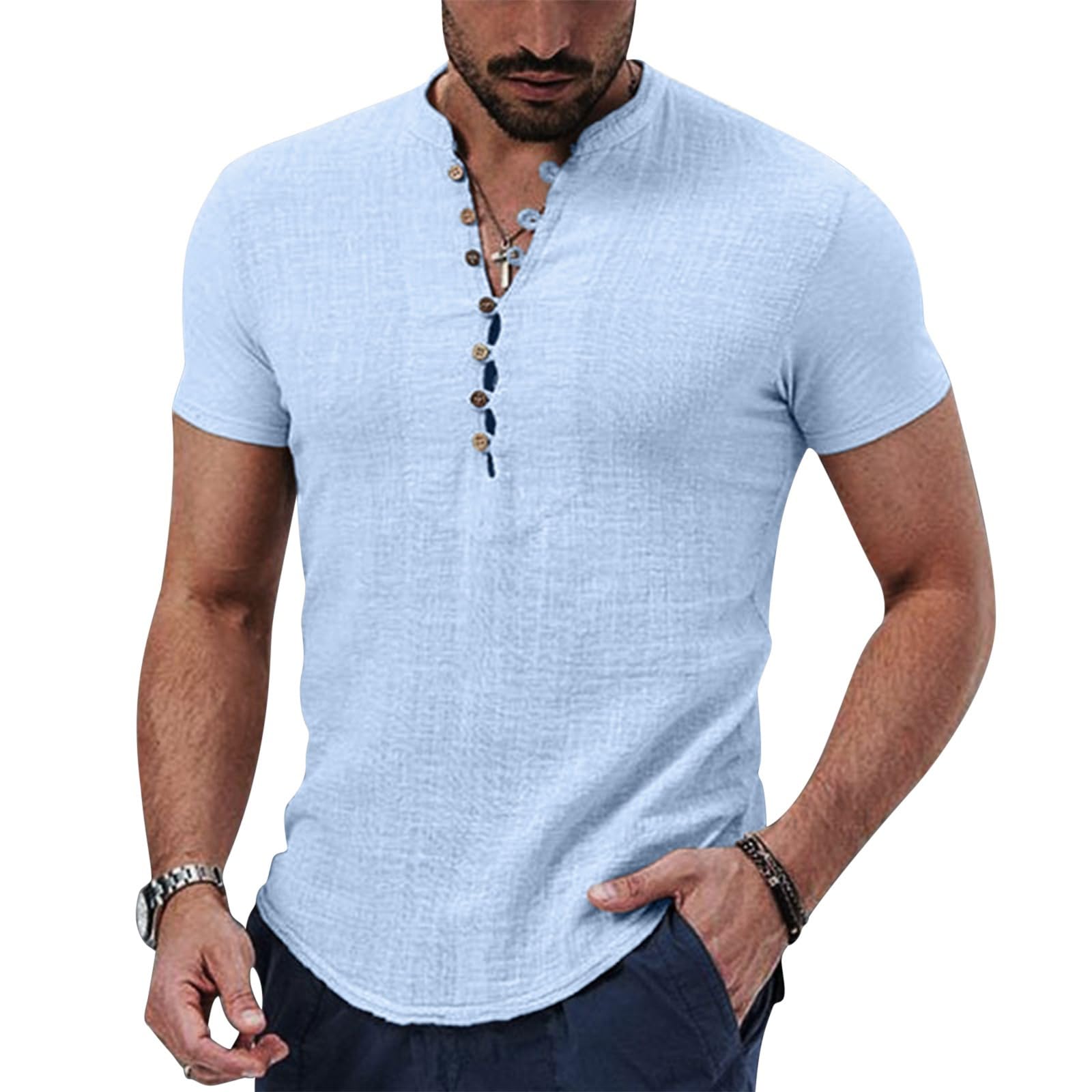 Puimentiua Leinenhemd Herren,Hemd Kurzarm,Sommer Kurzarmhemd,Regular Fit Sommerhemd mit Stehkragen und Knöpfen (S-3XL)