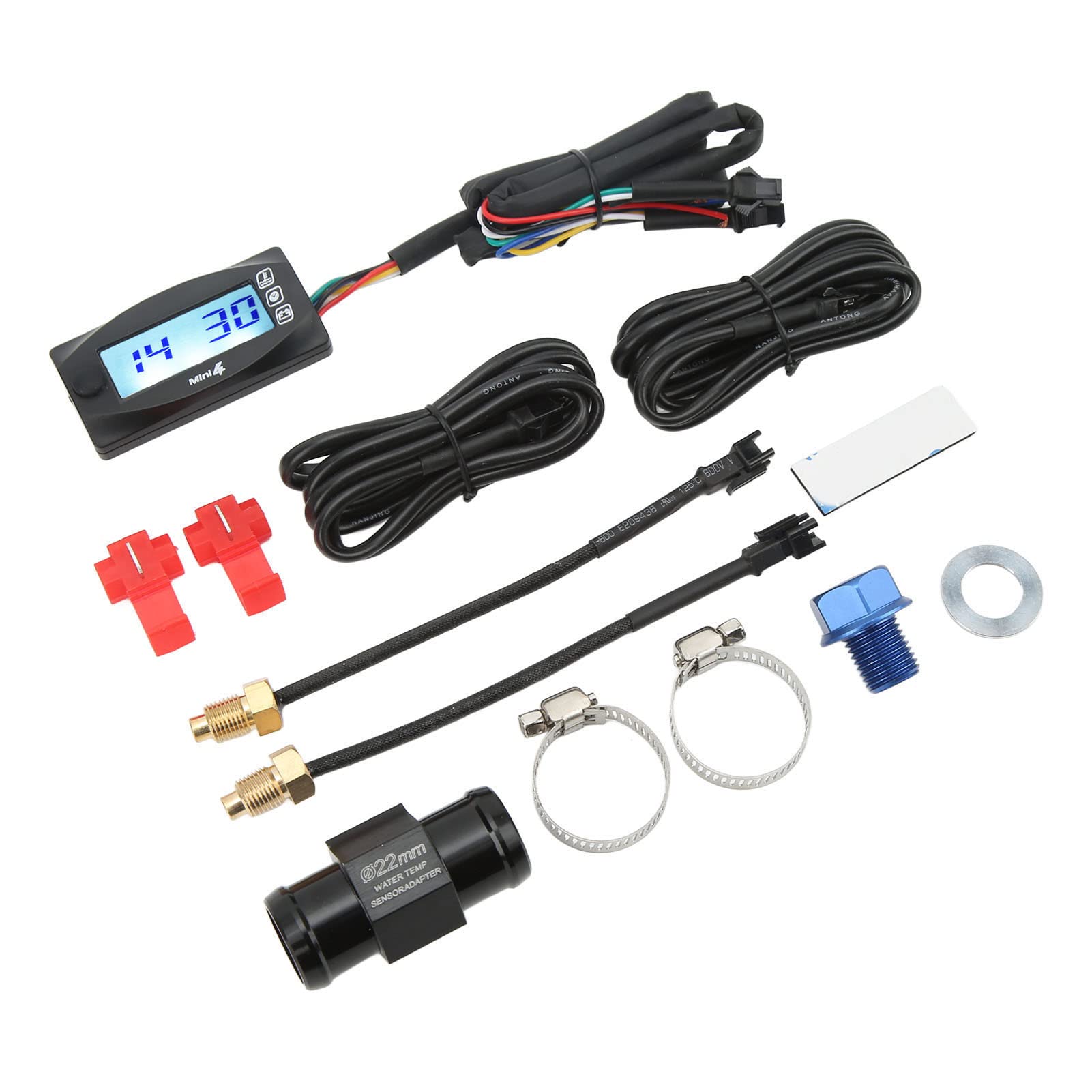 Fabater Wskaźnik Motocyklowy 4 w 1 Cyfrowy Wyświetlacz LCD Miernik Napięcia i Wody DC12V Uniwersalny z Niebieskim Podświetleniem, Ostrzeżenie 0-120 ℃ (M14*1,5)