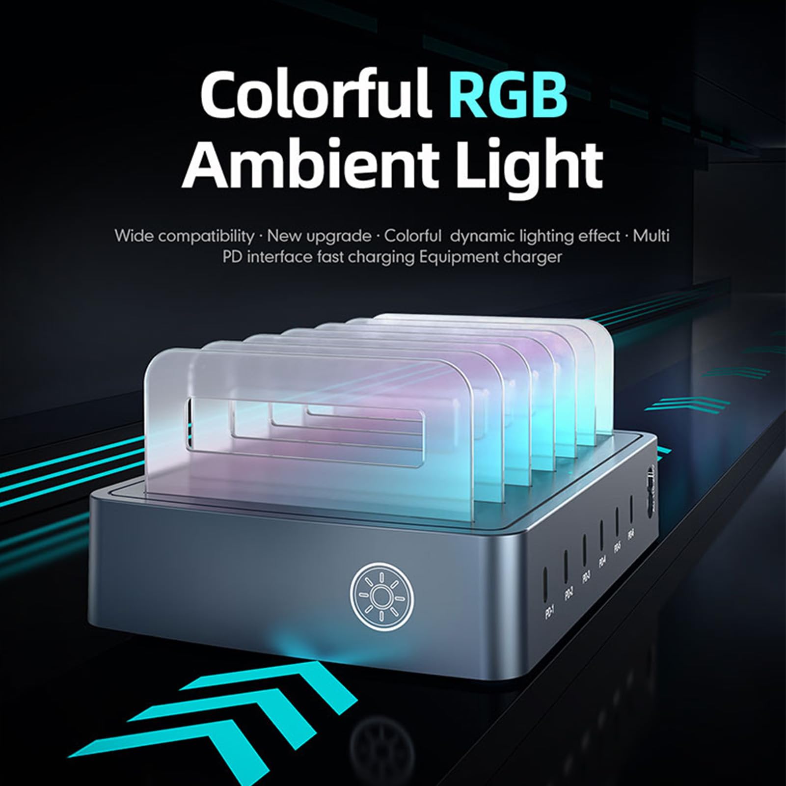Jectse 120W Szybkie ładowanie 6 Port USB C Blok ładowarki, Multi Device USB Stacja ładująca, ładowarka Komputerowa na Karty, RGB Oddychanie, dla Telefonów Komórkowych i tabletów. (wtyczka UE)