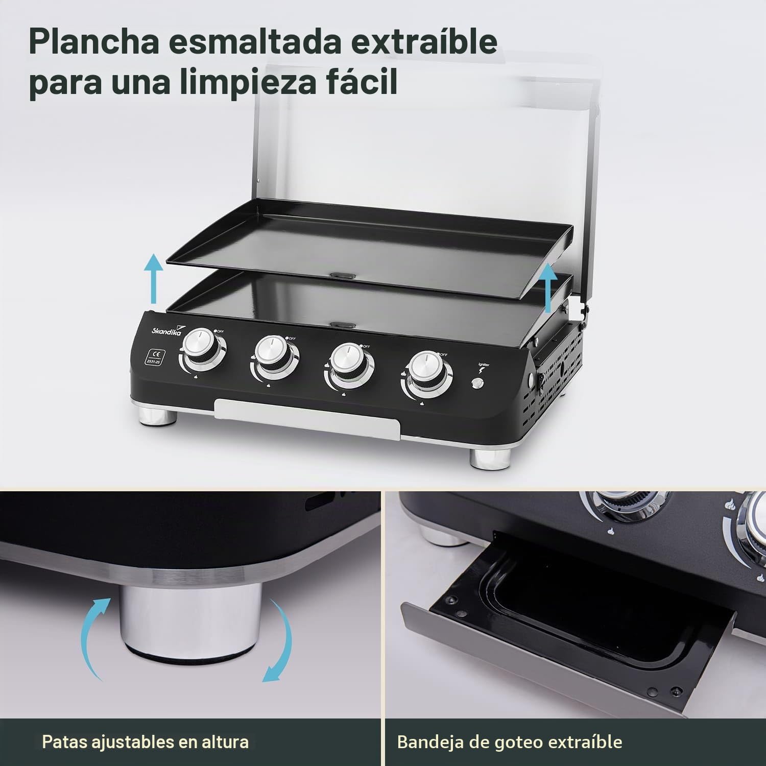 Skandika Plancha Grill Palo de 4 quemadores Plus - Plancha de gas con tapa - barbacoa de gas portátil con placa de cocción - Patas regulables en altura - Bandeja recogegrasa