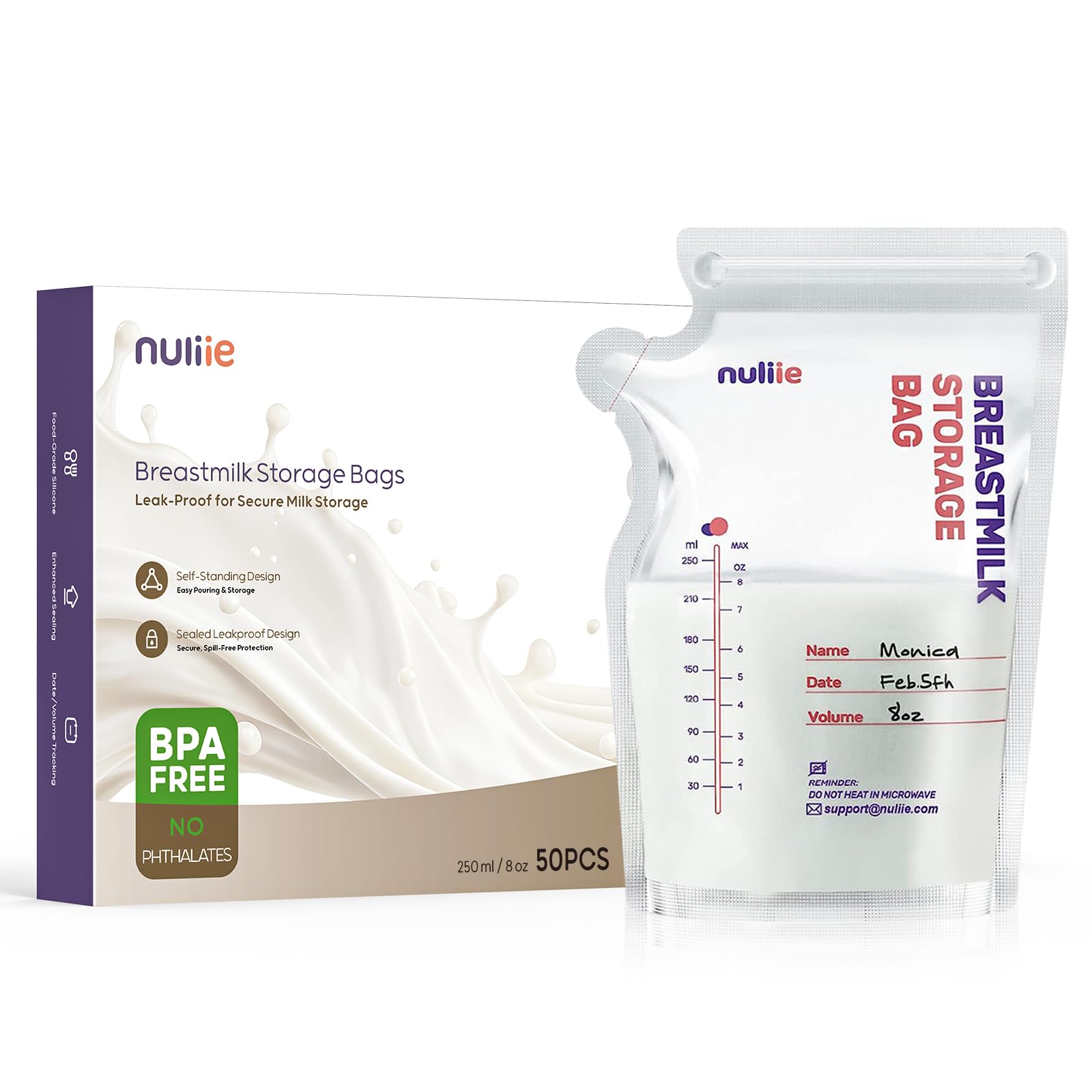 Nuliie 母乳保存袋 50枚 8オンス 母乳保存袋 BPAフリー ミルク保存袋 母乳育児用注ぎ口付き 自立式バッグ 省スペース フラットプロファイル