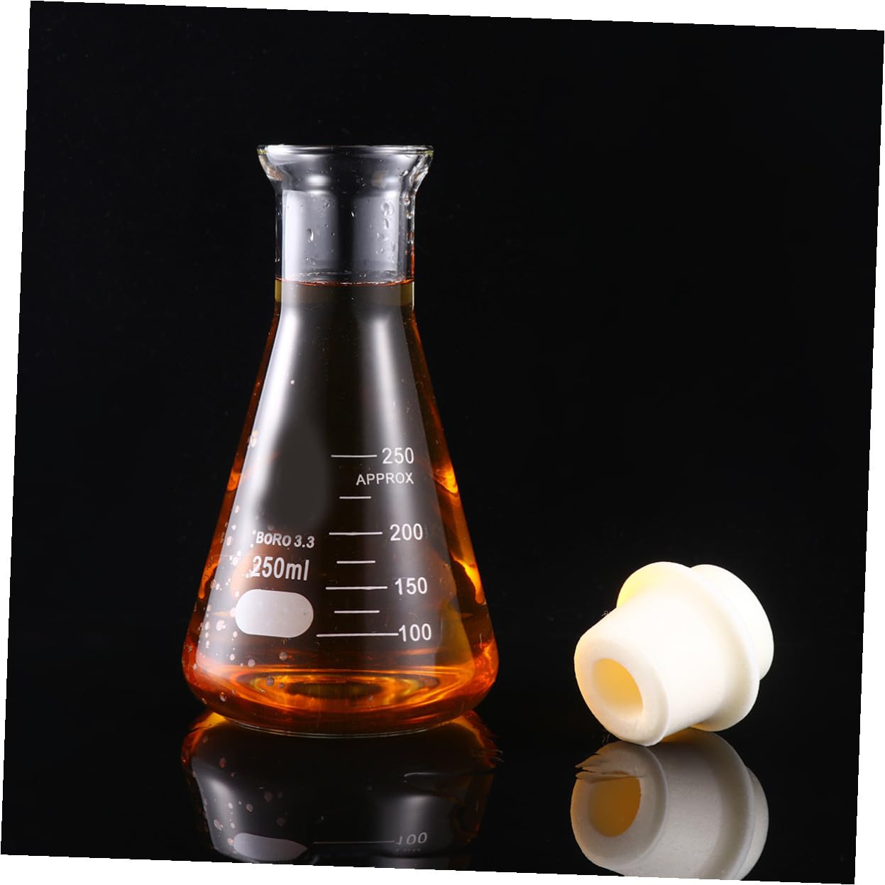 GLEAVI Matraz Cónico de Vidrio Transparente 250 Ml con Tapón de Laboratorio, Matraz de Boca Ancha Graduado para Química y Experimentos Científicos de Precisión