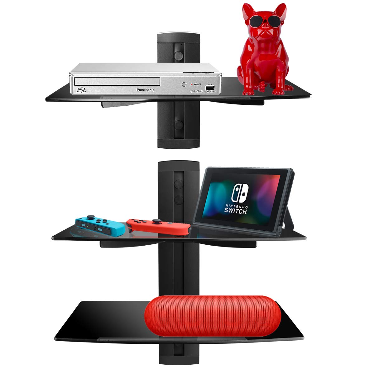 suptek Supporto da Muro Staffa da Parete Scaffale di Vetro Mensola Multimediale per Lettori DVD, Cavo cassette, Giochi console, TV Accessori Con 3 Ripiani Sospeso in Vetro,CS303,Nero