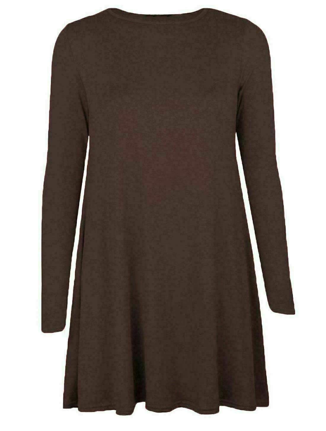 Fairy Boutique Women's Brown Plain Long Sleeve Stretch A Line Swing Dress Flared Skater Top Printed Plus Size T-Shirt 8-26 ( Uk 16-18)