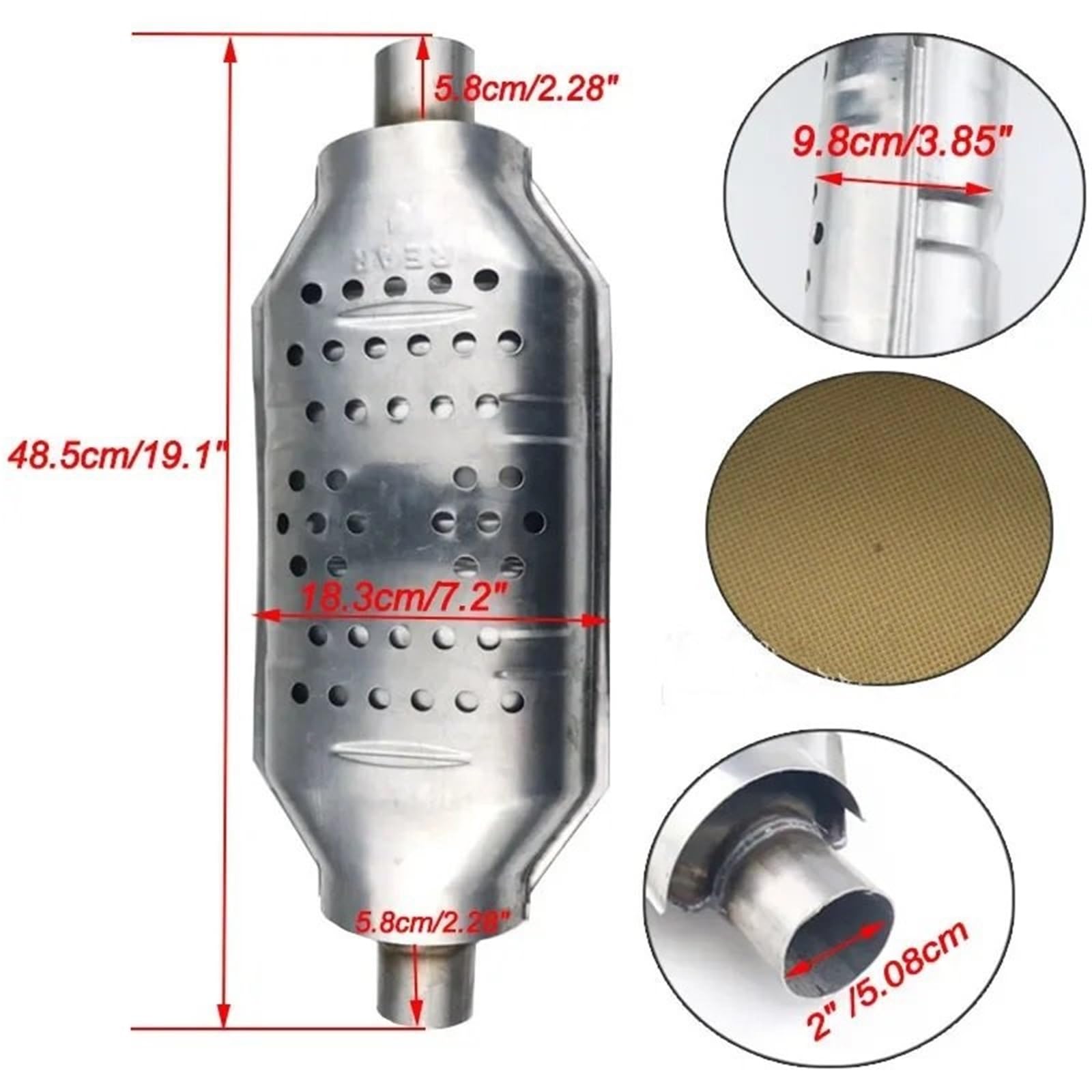 Uniwersalny katalizator z wlotem/wylotem 400-ogniwowy katalizator wysokoprzepływowy z rdzeniem ceramicznym, 2" /2,25" /2,5" /3" sportowy, ze stali nierdzewnej, spawany, wlot/wylot Katalizator spalin | 2 inch