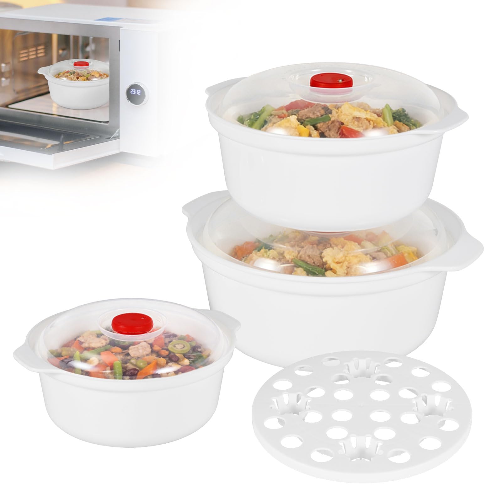 Set of 3 Microwave Food Containers,Microwave Bowls with Vented Lids,Plastic Soup Bowls with Steam Rack,3 Sizes Deep Bowl Set for Serving Oatmeal,Cereal,Salad,Soup,Noodle